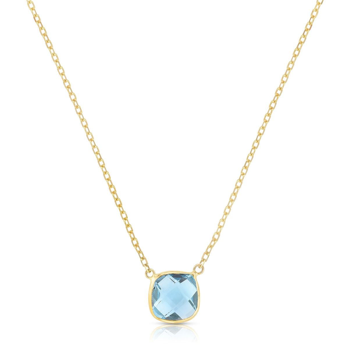 14K Gold Blue Topaz Cushion Solitaire Necklace RC6944